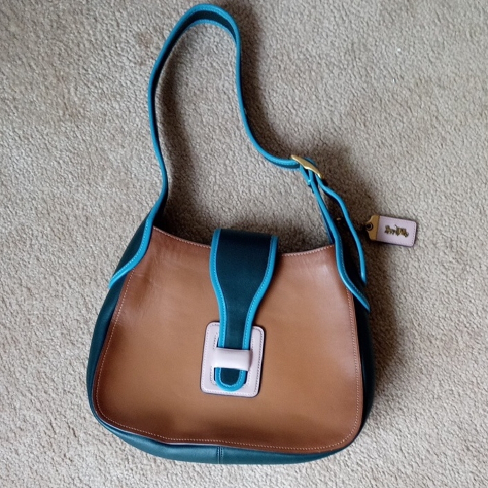 Coach Tan and Teal Leather Shoulder Bag
